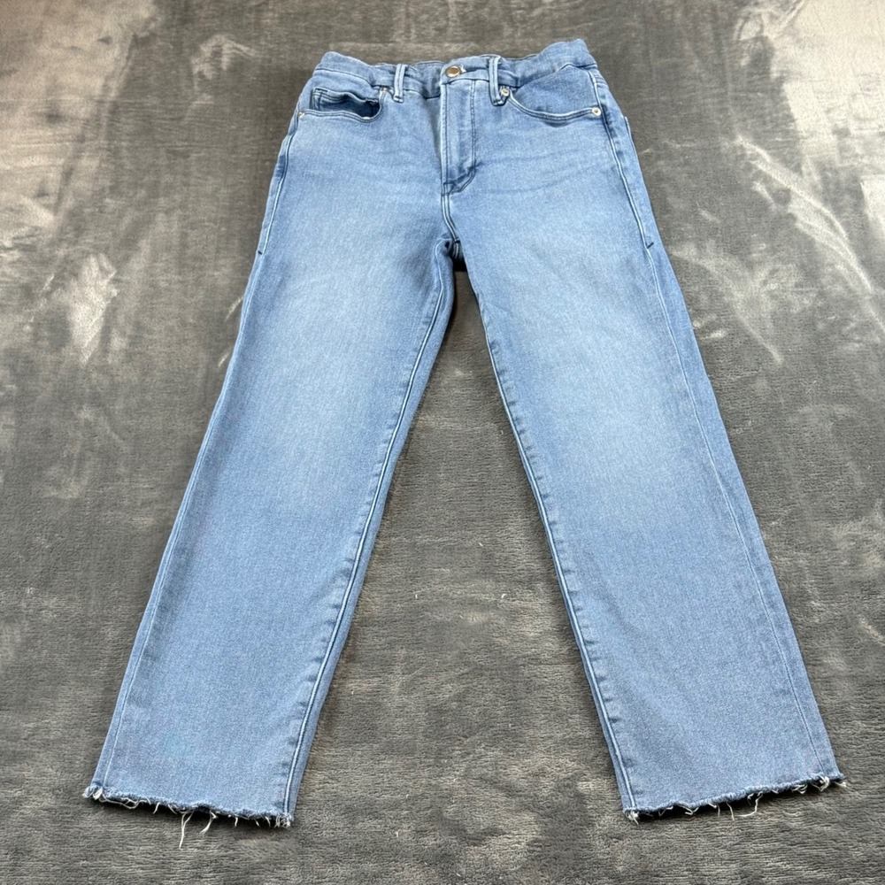 Good American High Rise Straight Leg Jeans Light Wash Raw Hem 4/27 GSPFH941T